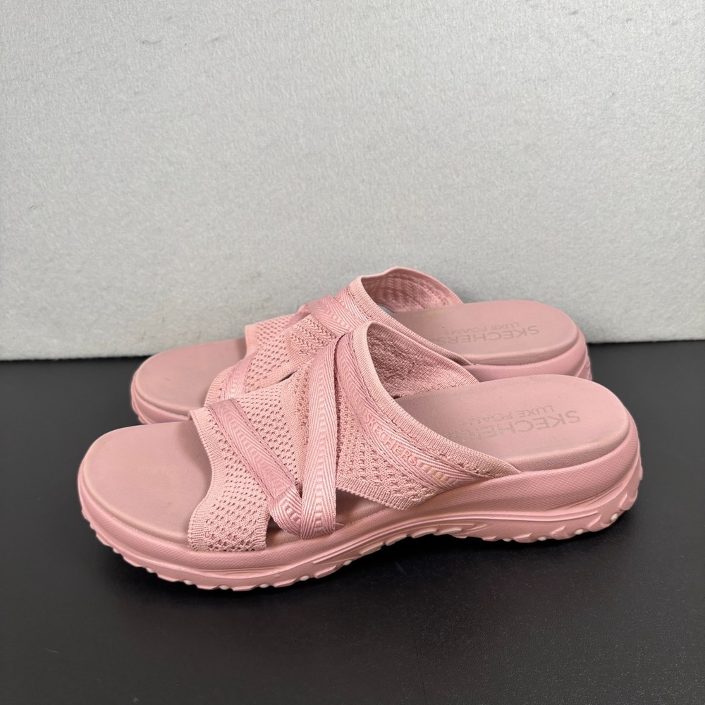 Skechers Luxe Foam Pink Slide Sandals Womens Size 10 Crisscross Knit 163676